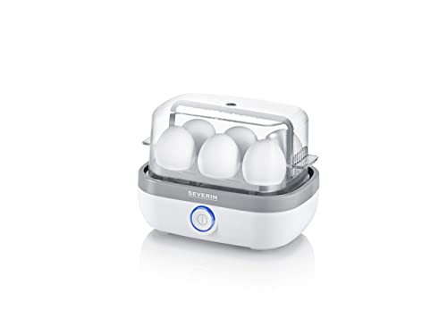 SEVERIN Eierkocher für 6 Eier, inkl. Messbecher mit Eierstecher, Eier Kocher mit Signalton nach Ende der Kochzeit, weiß/grau, ca. 420 W, EK 3164