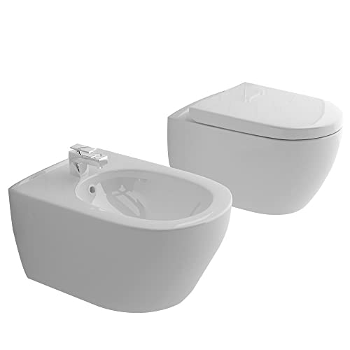 Alpenberger Tiefspüler Hänge-WC Randlos & Bidet mit Überlaufschutz | Quick-Release D-Form WC-Sitz mit Absenkautomatik | Komplett-Set Toilette und Bidet | Passend zu GEBERIT