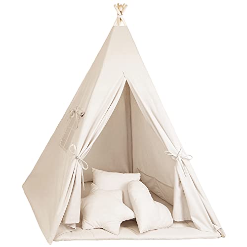Tipi Zelt für Kinder Spielzelt Tippi Kinderzelt Kinderzimmer Teepee Wigwam Indianerzelt Outdoor Indoor Modell 2 mit Spielmatte und 3 Kissen