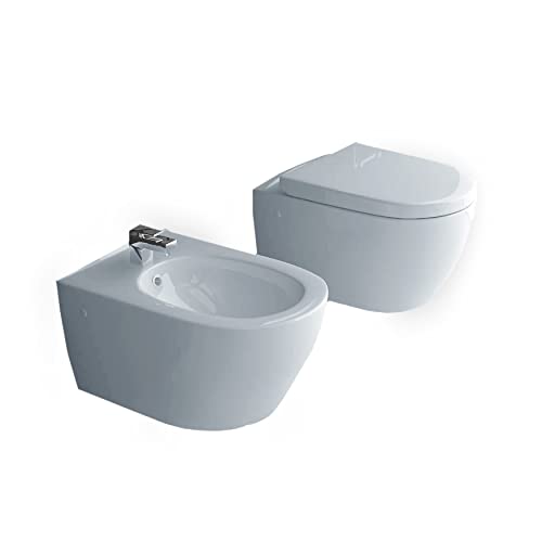 Alpenberger Tiefspüler Hänge WC Randlos & Bidet mit Überlaufschutz | Badezimmer Komplett Set & WC Sitz mit Absenkautomatik | Toilette und Hänge-Bidet Set | Keramik WC Bidet Passend zu Geberit
