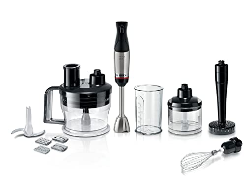 Bosch Stabmixer ErgoMaster Serie 6 MSM6M673, 10 Jahre Motorgarantie, Edelstahl-Klingen, verschleißfreie Keramik-Kupplung, Luftkühlung, Zerkleinerer, Kartoffelstampfer, Schneebesen, 1000 W, Edelstahl
