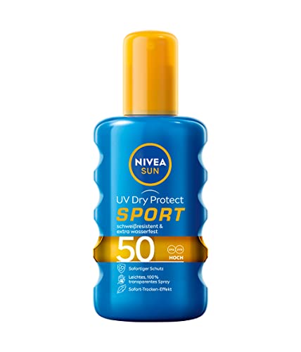 NIVEA SUN UV Dry Protect Sport Sonnenspray LSF 50 (200 ml), 100Prozent transparenter Sonnenschutz speziell für Sportler, schweißresistente und extra wasserfeste Sonnencreme