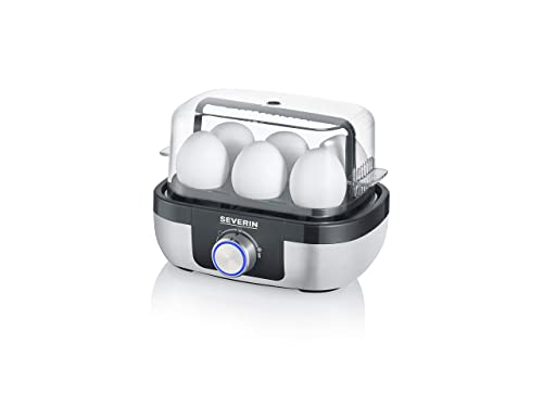 SEVERIN Eierkocher für 6 Eier mit elektronischer Kochzeitüberwachung, inkl. Messbecher mit Eierstecher, Eier Kocher mit Pochiereinsatz, Edelstahl-gebürstet/schwarz, 420 W, EK 3167