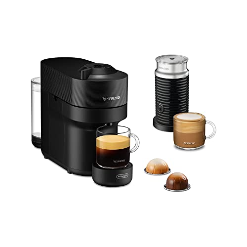 De'Longhi Nespresso Vertuo Pop ENV90.BAE, Kaffeekapselmaschine + Aeroccino Milchaufschäumer, bereitet 4 Tassengrößen zu, Centrifusion-Technologie, Willkommens-Paket Inbegriffen, 1260W, Liquorice Black