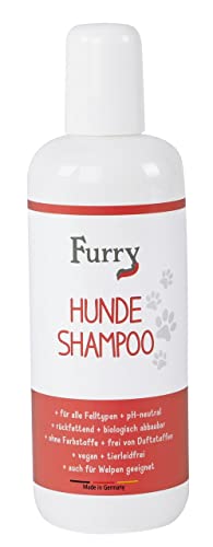 Furry Hundeshampoo sensitiv für alle Felltypen, ohne Parfüm, gegen Geruch, tierleidfrei, biologisch abbaubar, vegan, auch für Welpen geeignet, für helles und dunkles Fell, Made in Germany, 250ml
