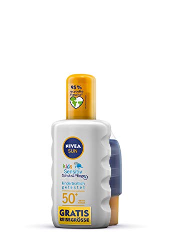 NIVEA SUN Kids Sensitiv Schutz & Pflege Sonnenspray LSF 50+ inkl. gratis Reisegröße (200 ml + 50 ml), wasserfeste Sonnencreme für empfindliche Kinderhaut