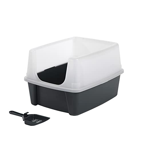 Iris Ohyama, Katzenklo / Katzentoilette mit hohem Rand, keine Verbreitung von Streu, abnehmbarer hoher Rand, Eingangshöhe: 15 cm, Schaufel inkl. für Katze - Cat Litter Box CLH-12, Grau