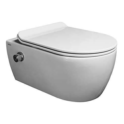 SSWW | Taharet WC | Spülrandlos | Inkl. Armatur und flachen abnehmbaren Softclose WC-Sitz | Dusch-WC | Hänge-WC | Toilette mit Bidet-Funktion | Beschichtet | Keramik | 540 x 360 x 330 mm