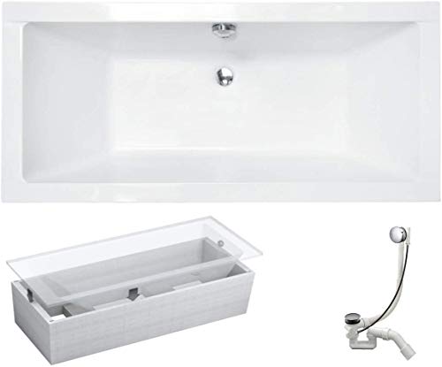 VBChome Badewanne 175x80 cm Acryl SET Wannenträger Siphon Wanne Rechteck Weiß Design Modern Styroporträger Ablaufgarnitur in Chrom Viega Simplex für 2 Personen (175x80cm)