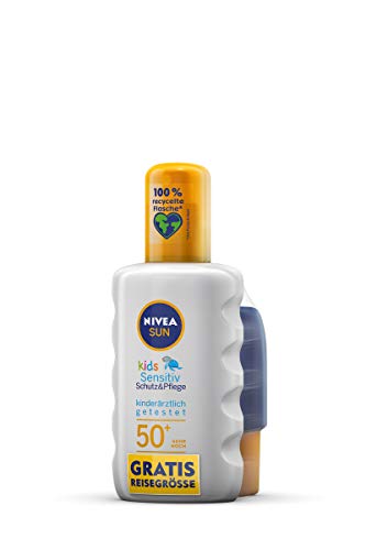 NIVEA SUN Kids Sensitiv Schutz & Pflege Sonnenspray LSF 50+ und gratis Sonnenmilch (200 ml + 50 ml), extra wasserfester Sonnenschutz, Spray für empfindliche Kinderhaut, 97184-01003-20