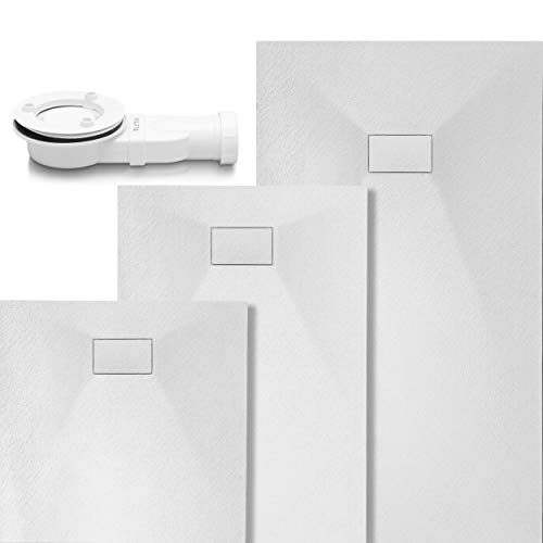 VILSTEIN Design Duschwanne | 140x90 cm | Weiß | Steinoptik | Flach | inkl. Siphon und SMC Abdeckung | Antirutsch Duschtasse