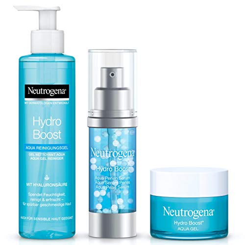 Neutrogena Hydro Boost Geschenkset Gesichtspflege: Hyaluron Serum, Gesichtscreme Aqua Gel und Reinigungsgel