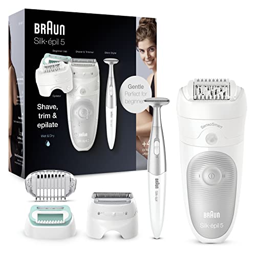 Braun Silk-épil 5 Beauty-Set, Epilierer Damen für Haarentfernung, Aufsätze für Rasierer, Trimmer und Massage für Körper, inkl. Bikinitrimmer, Tasche, Muttertagsgeschenk, 5-825, weiß/grau