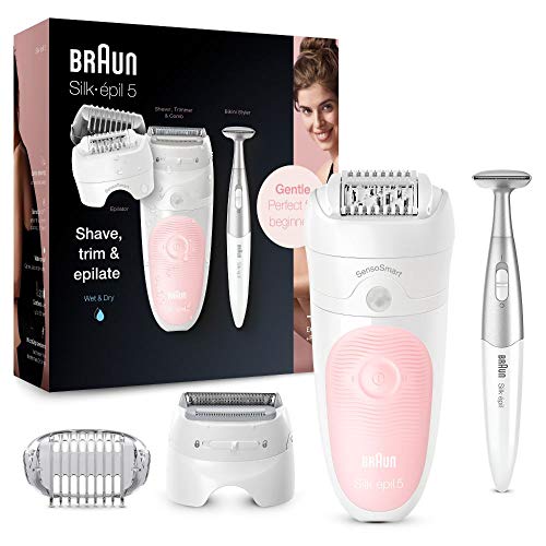 Braun Silk-épil 5 Beauty-Set, Epilierer Damen für Haarentfernung, Aufsätze für Rasierer, Trimmer und Massage für Körper, inkl. Bikinitrimmer, Tasche, Muttertagsgeschenk, 5-820, flamingo