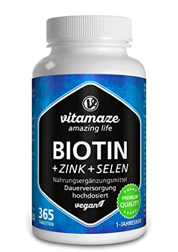 Biotin hochdosiert 10.000 mcg + Selen + Zink für Haarwuchs, Haut & Nägel - Der VERGLEICHSSIEGER* - 365 vegane Tabletten für 1 Jahr, Nahrungsergänzung ohne Zusatzstoffe, Made in Germany