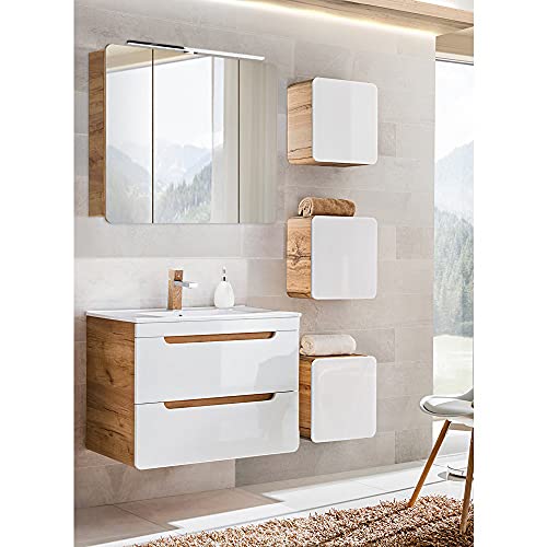 Lomadox Badmöbel Badezimmermöbel Set, Hochglanz weiß mit Wotaneiche, Waschtisch-Unterschrank mit 80cm Keramik-Waschbecken, LED-Spiegelschrank, 3 Hängeschränke