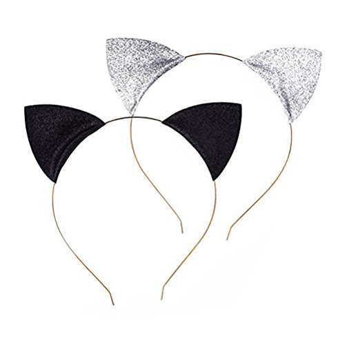 Frcolor 2pcs Glitzer Katze Ohren Stirnbänder Katzen Ohr Haar Reifen Spangen für Cosplay Halloween Kostüm Party und tägliche tragen schwarz und Silber