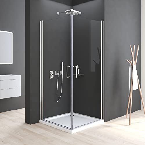 Boromal Duschkabine Eckeinstieg 80x80 cm Duschabtrennung Eckdusche Eck-Duschkabine Doppel Pendeltüren Drehtür Duschkabine Duschwand 6mm NANO ESG Sicherheitsglas Höhe 195cm, LINKS & RECHTS MONTIERBAR