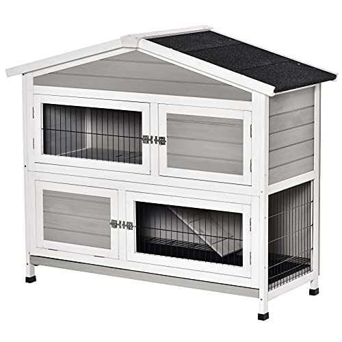 PawHut Kleintierstall 2 Ebenen Design Kleintierkäfig Meerschweinchenstall Kleintier mit 1 rutschfeste Rampe Tannenholz Metall Hellgrau+Weiß+Schwarz 121,5 x 57 x 104,5 cm