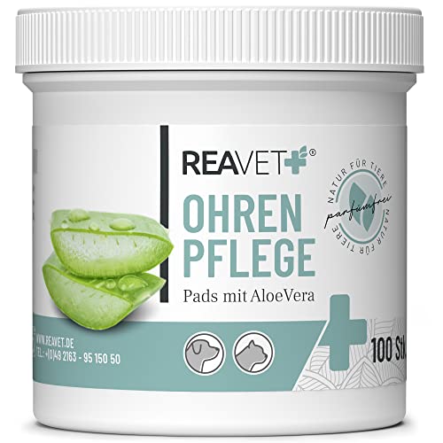 ReaVET Ohrenreiniger Hund & Katze 100 Stück – Ohrenpflege Pads Hund I Pflegeprodukt für Ohren, Reinigungstücher Hund, Besonders Milde & Schonende Reinigung mit Aloe Vera für Hunde und Katzen