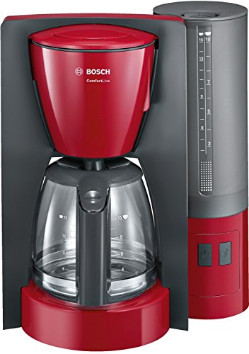Bosch Filterkaffeemaschine ComfortLine TKA6A044, Aroma+, Aromaschutz-Glaskanne 1,25 L, für 10-15 Tassen, abnehmbarer Wassertank, Tropfstopp, schwenkbarer Filterträger, Kabelstaufach, 1200 W, rot