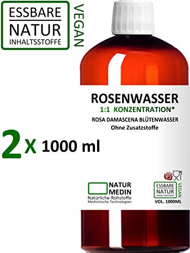 ROSENWASSER 2x 1000-ml Gesichtswasser, 100% naturrein, 1:1 Konzentration, Rosa damascena Blüttenwasser, ohne Zusatzstoffe, PET Braunflasche, 2000-ml (2-l), nachhaltig