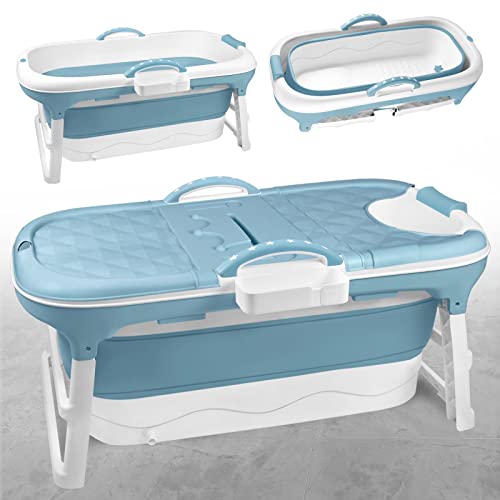 TRMLBE Faltbare Badewanne Erwachsene 118 x 62 x 52cm Tragbar Mobile Badewanne Erwachsene Foldable Bathtub PP+TPE Badewanne Klappbar, mit Abnehmbare Abdeckung und Griff - Blau