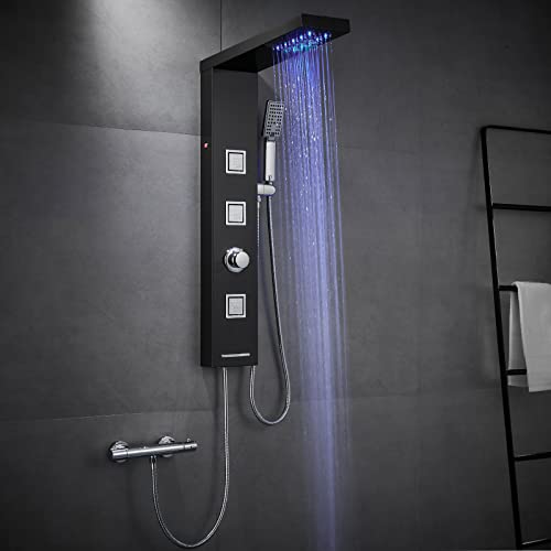ROVOGO LED Duschpaneel ohne Armatur aus Edelstahl,Duschsystem mit Regendusch Massagedüsen Handbrause Wasserfalldusche, Duschsäule Quadratischen Duschköprfen Schwarze