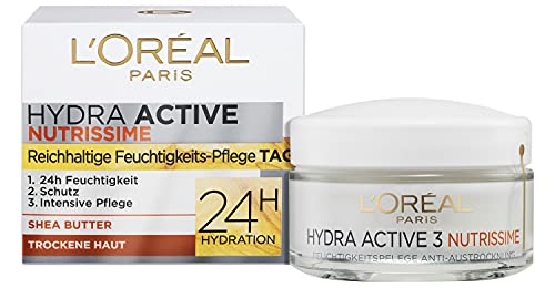 L'Oréal Paris Feuchtigkeitspflege für das Gesicht, Gesichtscreme für sensitive und trockene Haut, Hydratisierende Tagescreme mit Karité Butter, Hydra Active 3 Nutrissime, 1 x 50 ml