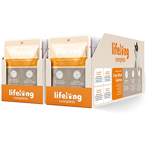 Amazon-Marke: Lifelong Alleinfuttermittel für ausgewachsene Katzen- Gemischte Auswahl in Sauce, 4,8 kg (48 Beutel x 100g)
