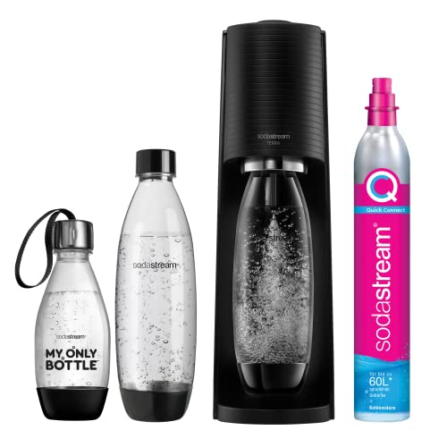 SodaStream Wassersprudler TERRA Vorteilspack mit CO2-Zylinder, 2x 1L spülmaschinenfeste Kunststoff-Flasche und 1x 0,5L spülmaschinenfeste Kunststoff-Flasche, Höhe 44cm, Schwarz