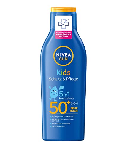 NIVEA SUN Kids Schutz & Pflege Sonnenmilch LSF 50+ (200 ml), pflegende Sonnencreme mit LSF 50+, extra wasserfeste Sonnenlotion für empfindliche Kinderhaut