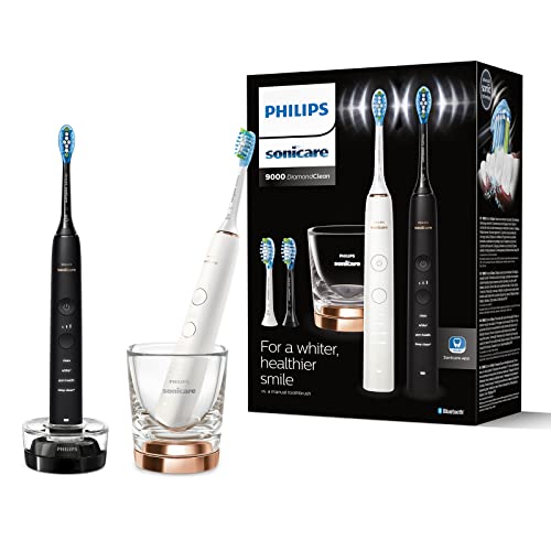 Philips Sonicare DiamondClean 9000 Elektrische Zahnbürste Doppelpack - 2 Schallzahnbürsten, 2 Ladegläsern, 4 Premium Bürstenköpfe, neue Generation, schwarz & rosé-gold (Modell HX9914/61)