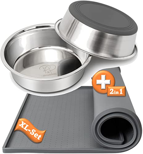 Pawz&Pawz Hundenapf Edelstahl (2X 1750ml) XL Set + Napfunterlage Hund & Katze | Hochwertige Futterstation Set 2X Futternapf, Fressnapf für Hunde | Futtermatte aus Silikon (60x40cm) mit Rand