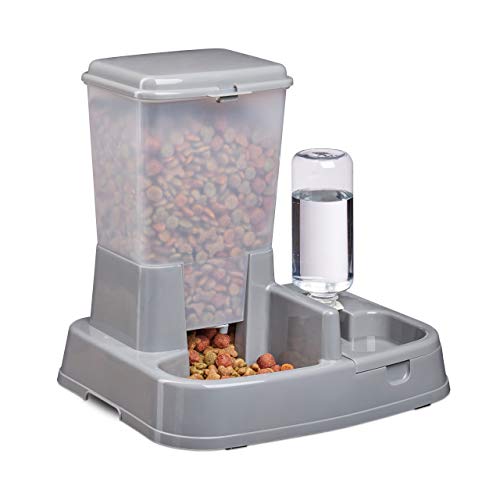 Relaxdays Wasser- und Futterspender, Futterautomat Katzen & Hunde, Flasche, Kunststoff, HBT 34x34,5x27,5 cm, dunkelgrau