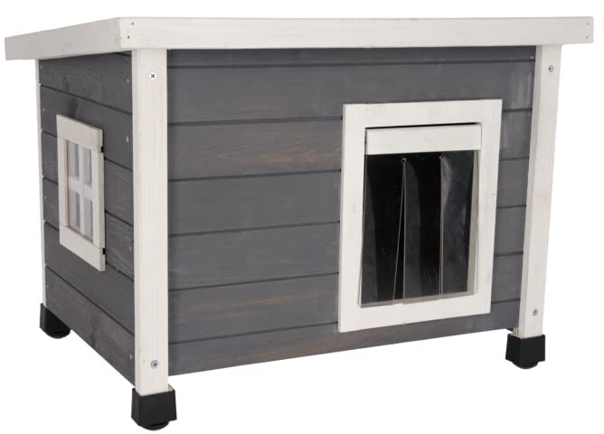 Kerbl Katzenhaus Rustica (Katzenhütte aus Holz, weiß/grau, Schwingtüre mit Lamellen, Plexiglasfenster, höhenverstellbare Kunststofffüße, Maße 57 x 45 x 43) 80991