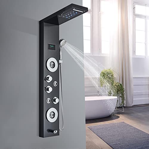 TTICCTIY Duschpaneel Schwarz LED mit 5 Dusch Funktionen Edelstahl Duschsysteme mit Regenfall Wasserfall Duschkopf Massagedüsen Handbrause Badewannenauslauf