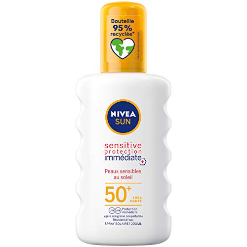 NIVEA SUN Sensitive Sonnenschutzspray LSF 50+ (1x200ml), Sonnenschutz für empfindliche Haut, Sonnenschutz, leichte & fettfreie Textur