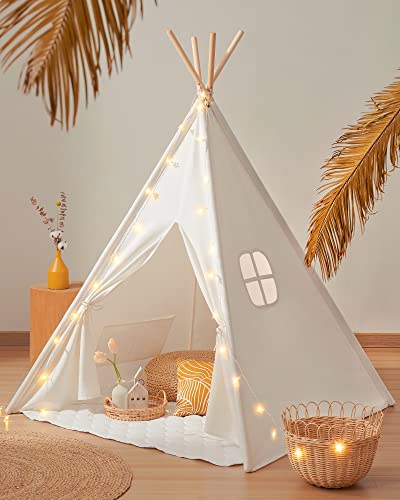 Tiny Land Tipi Spielzelt für Kinder mit Gepolsterter Decke & Lichterkette & Aufbewahrungstasche Baumwolle- Segeltuch Kinderzelt (Weiß 165cm Hoch) Spielhaus Kinder