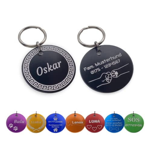 Unikat-Branding GbR Stück Erkennungsmarken für Hund und Herrchen, Katze auch | personalisiert, inkl. Schlüsselring | Als Geschenk, Anhänger, Schlüsselbund & Dog Tag | rund, 30mm, Schwarz, UB-H