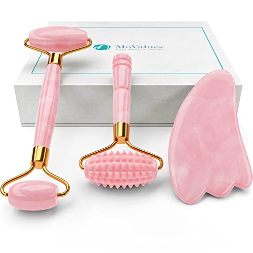 4-in-1 Rosenquarz Roller und Gua Sha Set - Gesichtsroller aus Rosenquarz mit Augenmassierer Gua Sha Gerillter Rollmassierer - Jade Roller aus 100 % Rosenquarz - Warme oder Kalte Gesichtsmassage