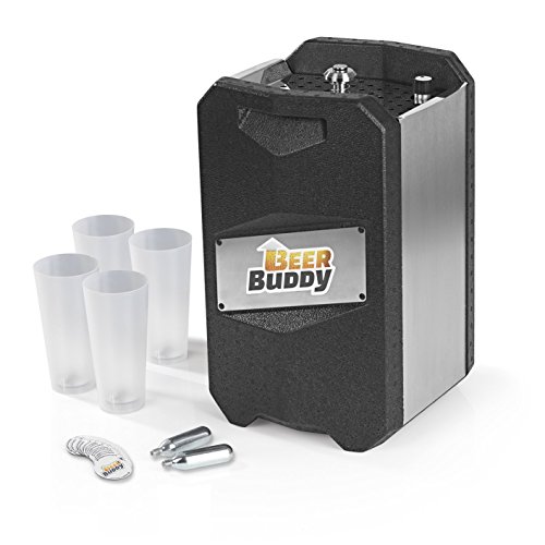 Beer Buddy aktuellste Version vom Hersteller Bottoms Up-Bierzapfanlage ohne Strom für alle handelsüblichen 5 Liter Fässer-inkl. Zubehör u. Becher, Edelstahl, 5 liters, Silber Schwarz