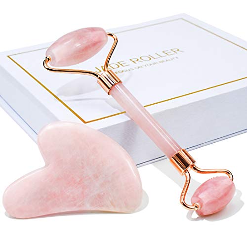 Gua Sha und Gesichtsroller Beauty Massager, BAIMEI Jade Roller Rosenquarz Gua Sha Stein Fördert die Aufnahme Von Augencremes und ätherischen Ölen, Verbesserung Von Feinen Linien und Ödemen