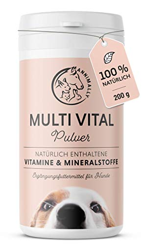 Annimally Vitamine für Hunde I Multivitamin Komplex Pulver für Hunde mit Mineralien 200g I Mit Gerstengras, Spirulina und Bierhefe I Über 17 wertvolle, rein natürliche Vitamine & Mineralien