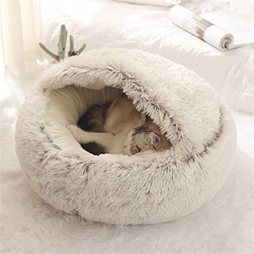 nobrands Flauschiges Katzenbett, rund, weiches Plüsch, Höhle mit Kapuze, für den Winter, warm, Schlafkissen, rutschfest, maschinenwaschbar, für Katzen und Welpen