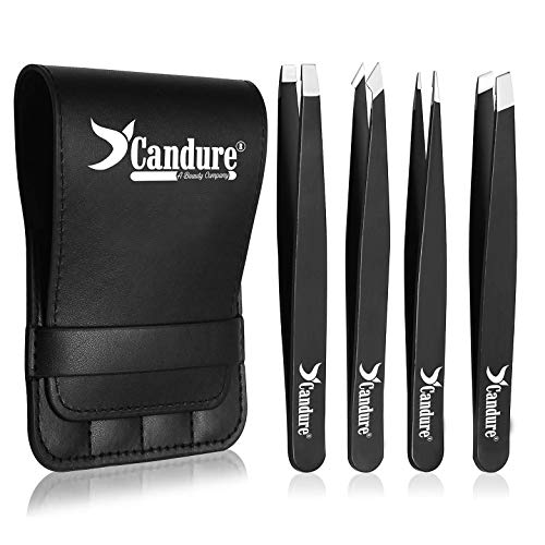 Candure Pinzetten Set 4-teiliges Präzisions-Pinzettenset aus Edelstahl - Perfekte Präzision zum Augenbrauenzupfen Gesichtshaarentfernung Hochwertige Pinzette für Frauen und Männer - Farbe Schwarz (Black)