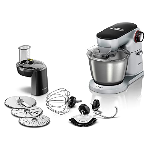 Bosch Küchenmaschine OptiMUM MUM9D33S11, Edelstahl-Schüssel 5,5 L, Planetenrührwerk, Profi-Knethaken, Schlag-, Silikonbesen, 7 Arbeitsstufen, Durchlaufschnitzler, 3 Scheiben, 1300 W, silber
