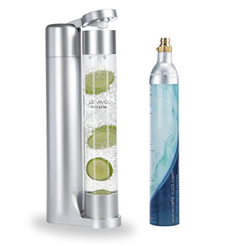 Levivo Wassersprudler Fruit & Fun Sprudler Slim, mit 1-Liter-Sprudlerflasche und CO2-Kohlensäure-Kartusche, Kohlensäure für Wasser, Cocktails und andere Getränke, Farbe: Silber