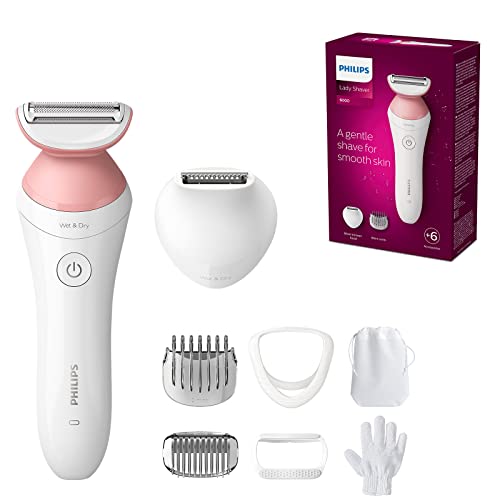 Philips Lady Shaver Series 6000 – Kabelloser Rasierer mit 6 Zubehörteilen Körperpeeling-Handschuh, Trimmer für die Bikinizone (Modell BRL146/00)