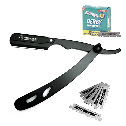 Van De Boos® Rasiermesser-Set mit 100 Derby Wechselklingen - Hochwertiges Edelstahl Barber Bartmesser mit extra scharfen Klingen - Barbier Rasier Messer für präzise Bart-Nassrasur (Herren Rasierer)